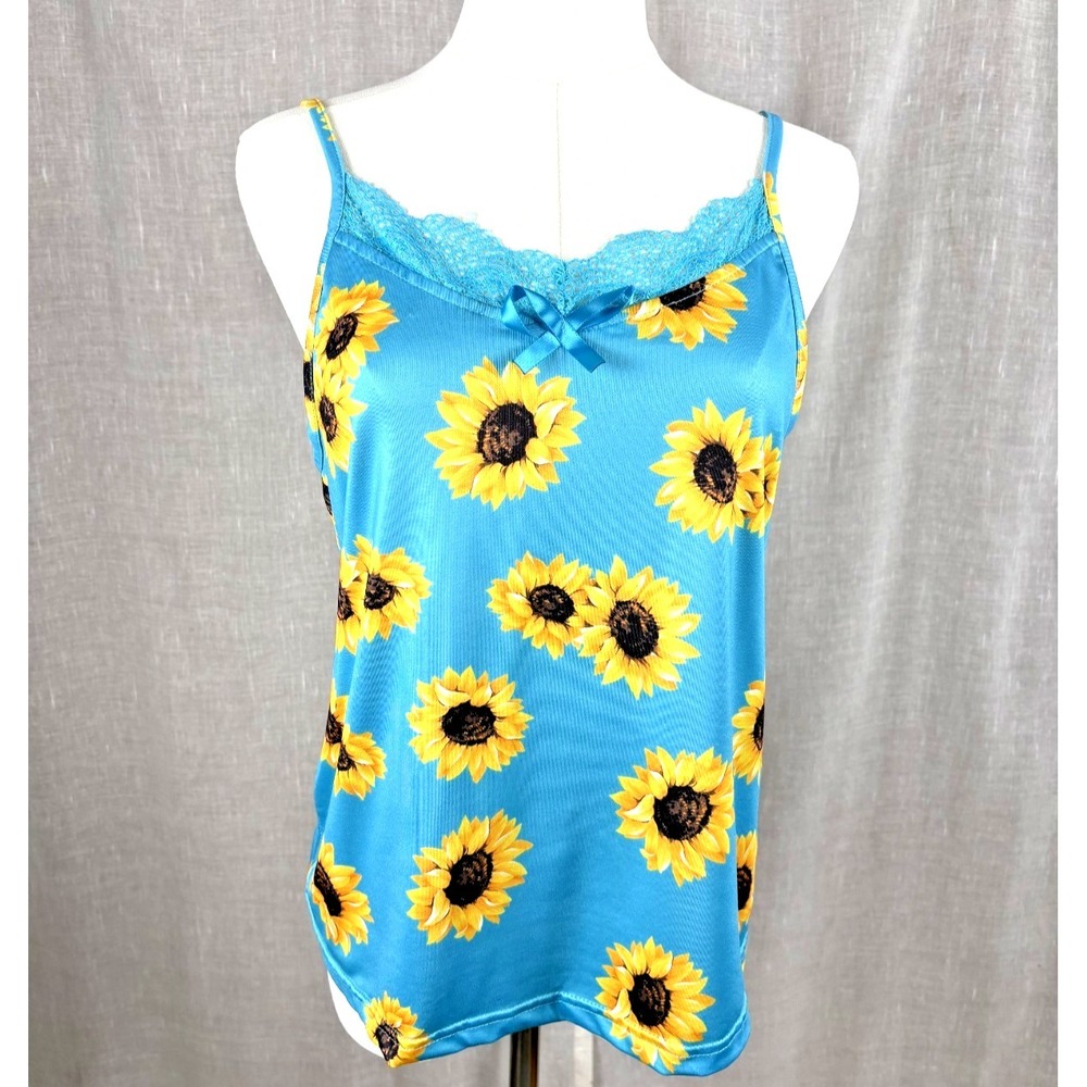 Y2k Look Lace Trim Tank Top Small Sunflowers Blue Floral Retro Summer Sz Small